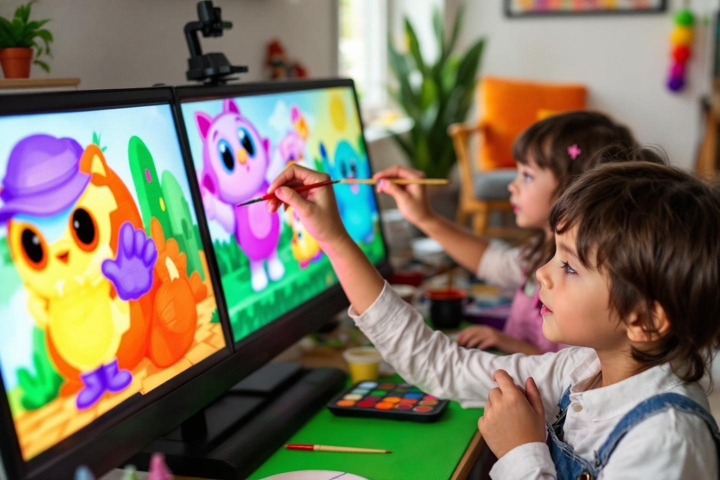 Deux jeunes filles créant des illustrations animées sur écran