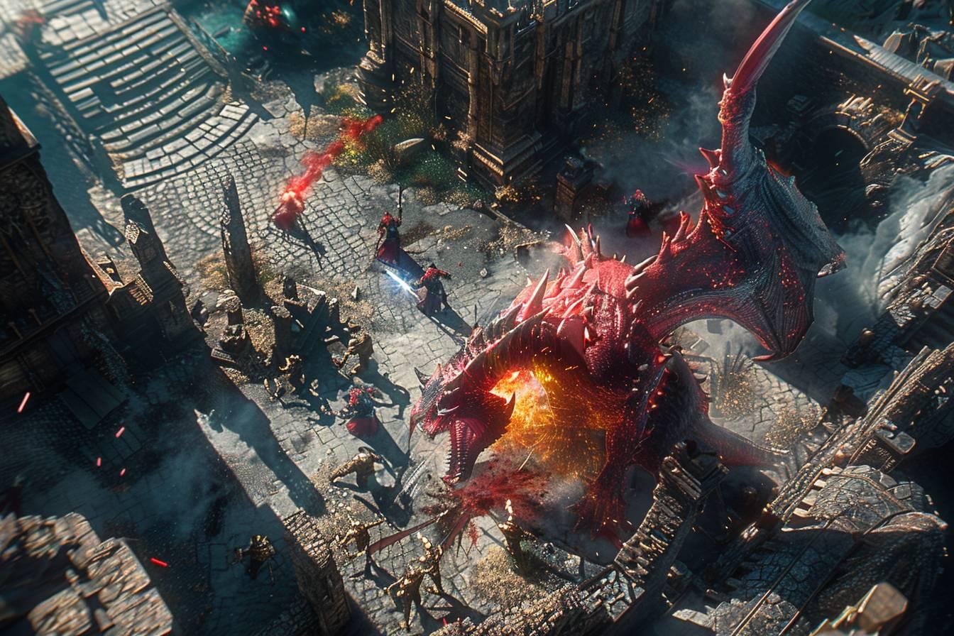 Une ville en ruine, des combattants affrontent un dragon géant et enflammé.