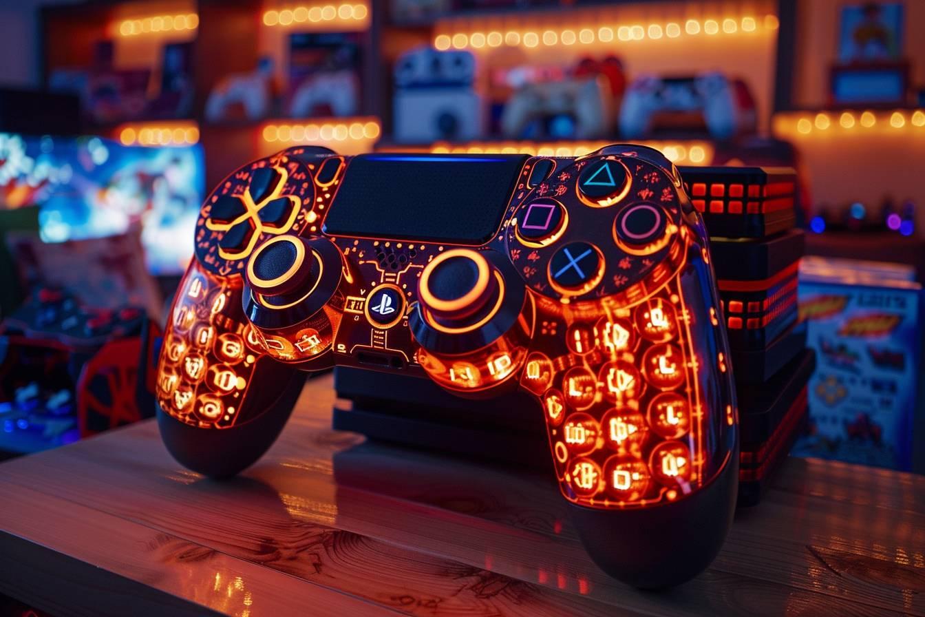 Manette de jeu PlayStation décorée de motifs lumineux colorés