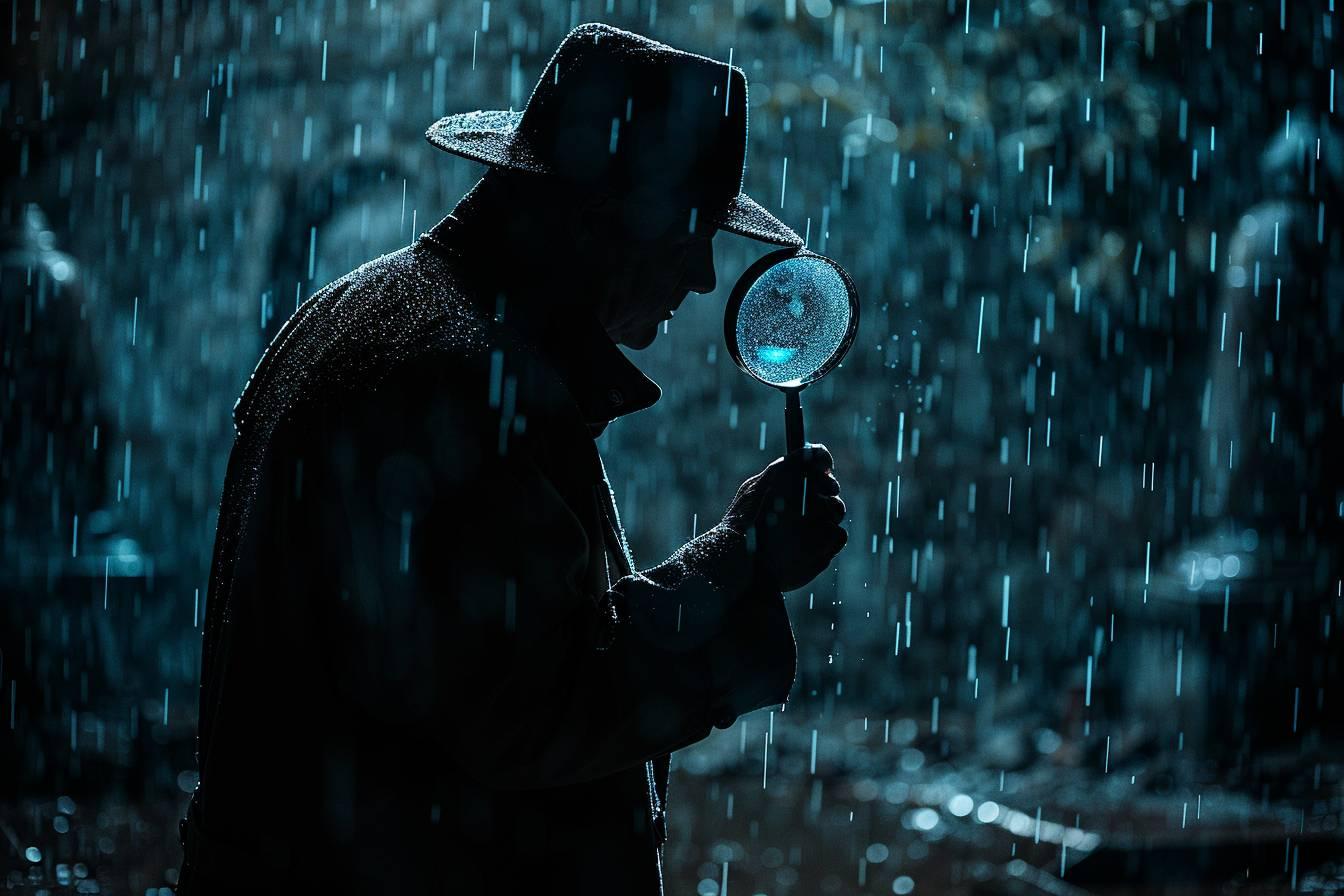 Une silhouette sombre d'un détective tient une loupe sous la pluie