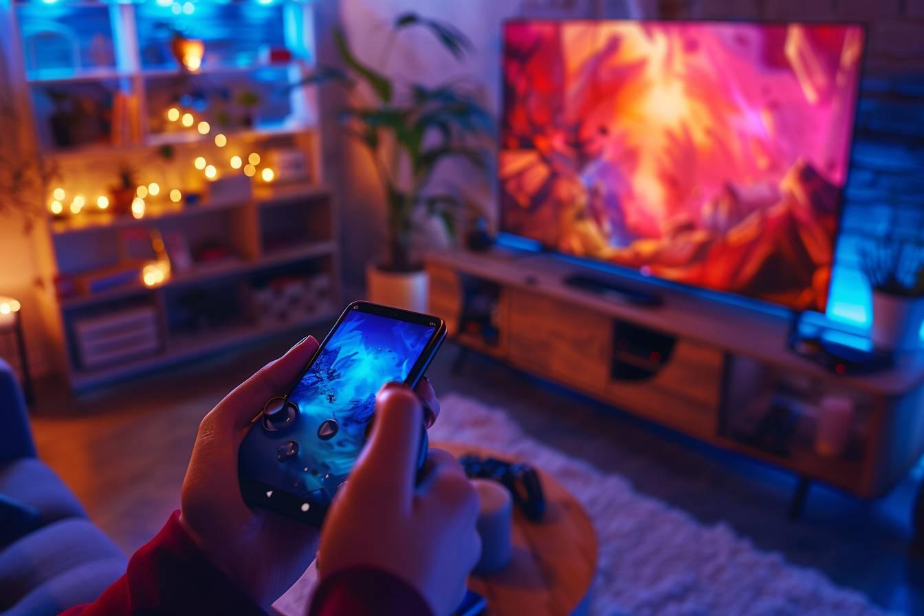 Personne jouant à un jeu vidéo dans un environnement douillet et coloré
