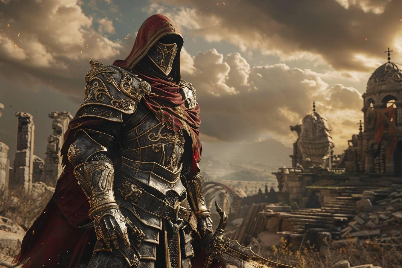 Un guerrier en armure orn&eacute;e se tient dans un paysage de ruines et de nuages orageux.