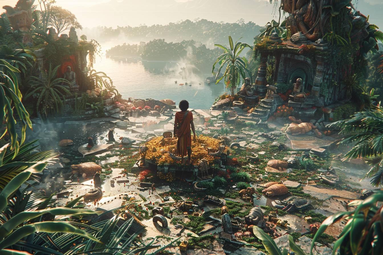 Vue panoramique d'un paysage tropical fantastique avec une figure en robe rouge