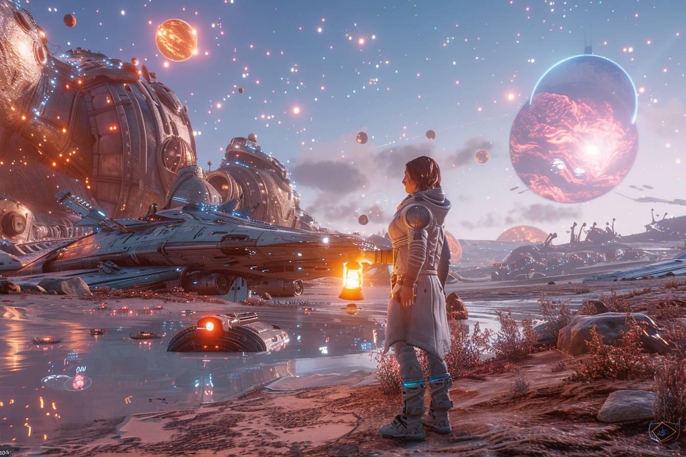 Une sc&egrave;ne de science-fiction montrant un personnage sur une plan&egrave;te extraterrestre.