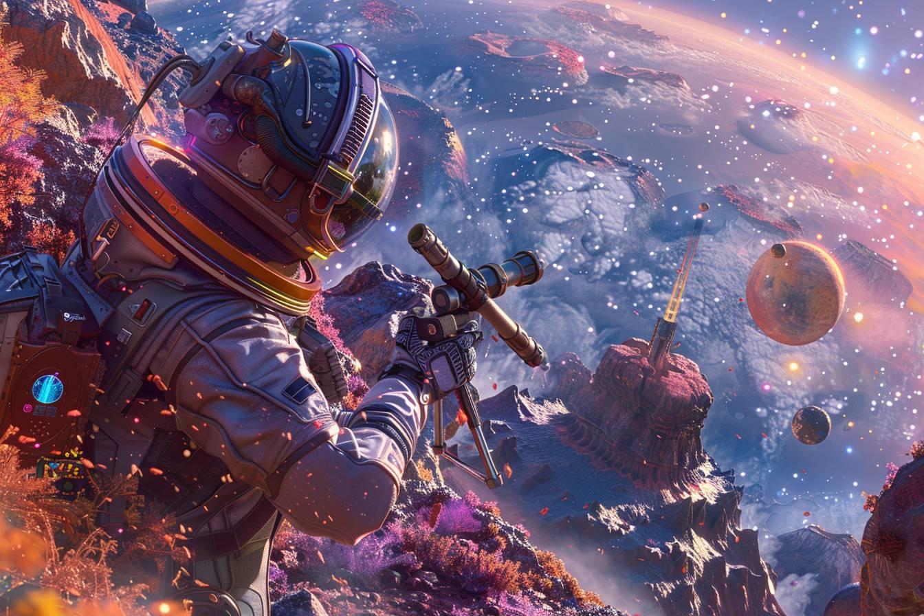 Un astronaute en combinaison spatiale explore un paysage extraterrestre color&eacute; et lumineux.