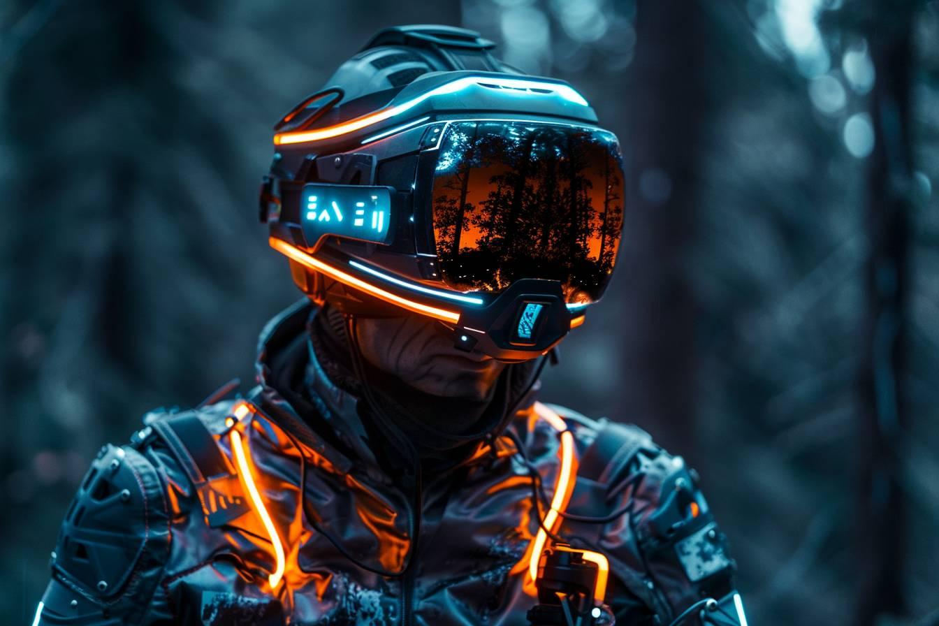 Une personne portant un casque futuriste dans une forêt sombre.