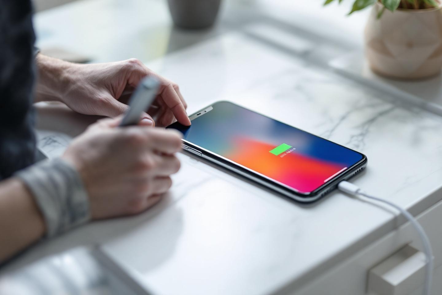 Smartphone connecté au chargeur sur une surface blanche
