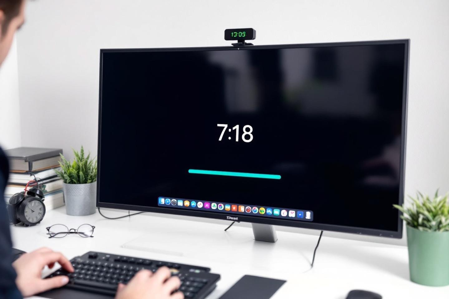 Espace de travail moderne avec moniteur grand écran et accessoires