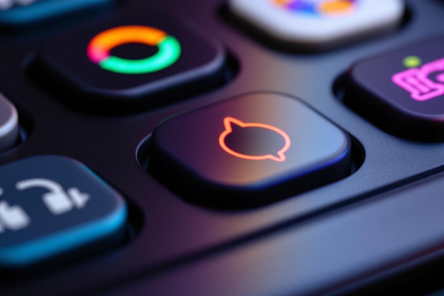 Bouton technique lumineux avec icône orange sur surface sombre