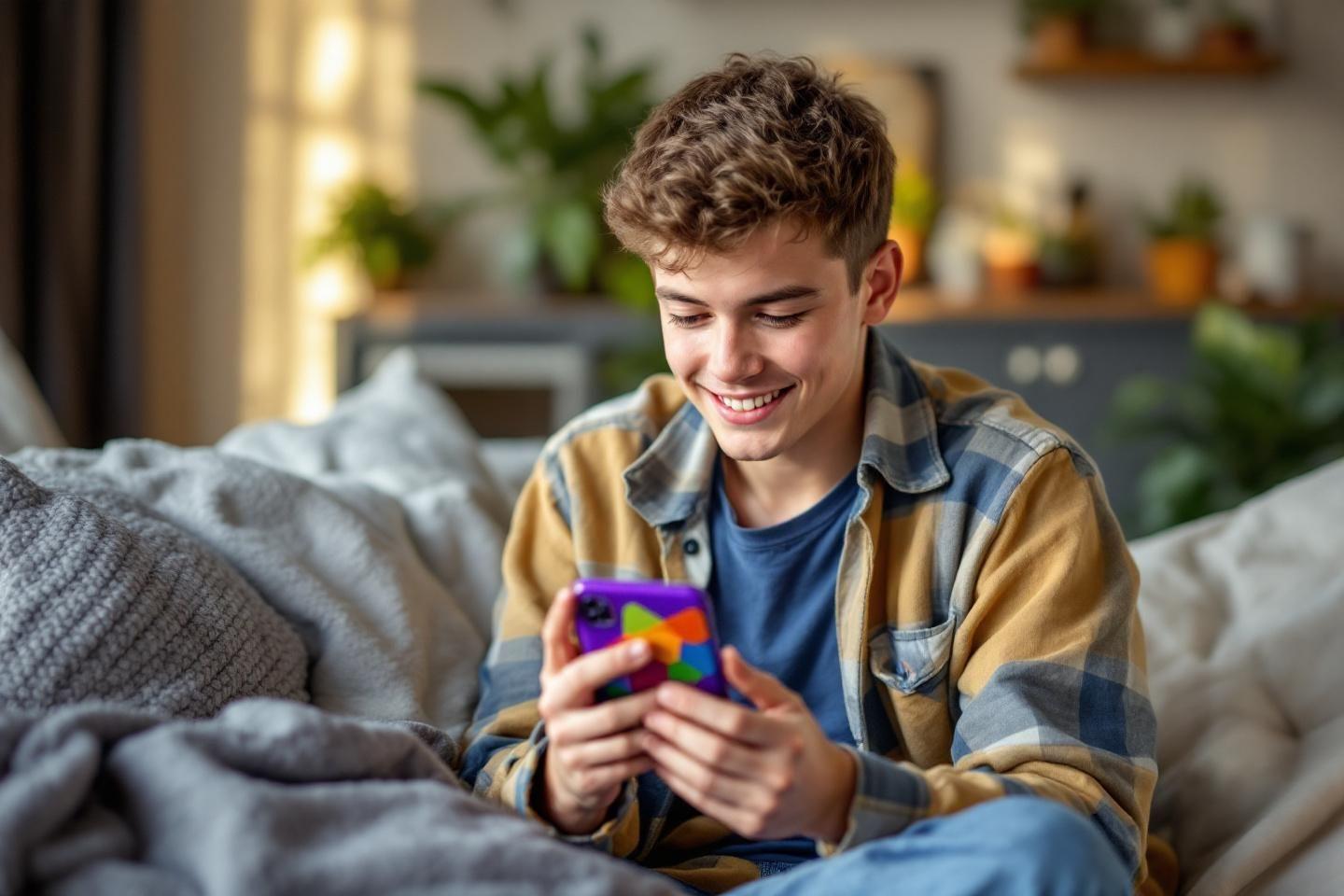 Adolescent heureux utilisant un téléphone coloré dans un salon