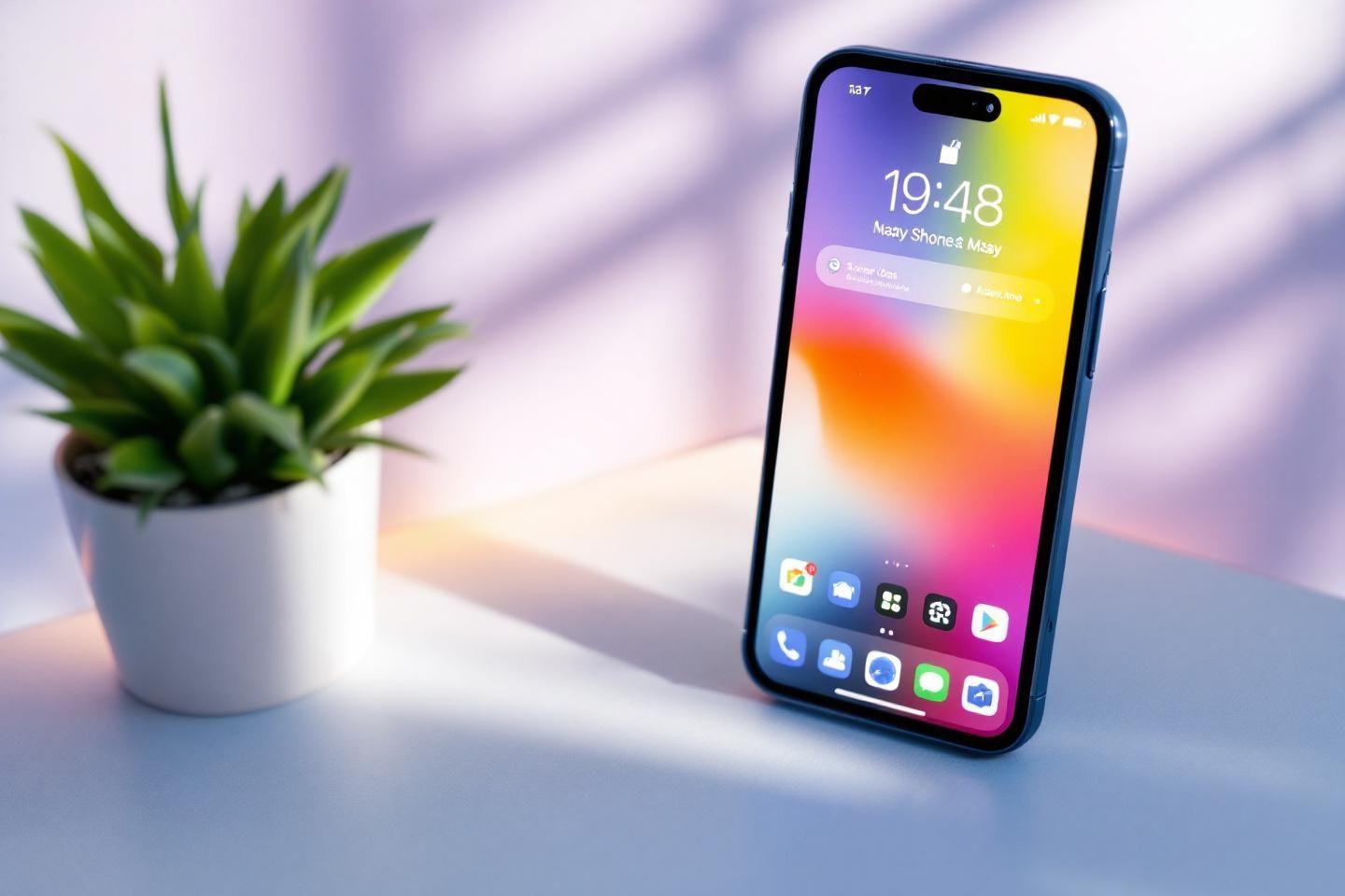 Téléphone bleu à écran coloré près d'une plante succulente blanche