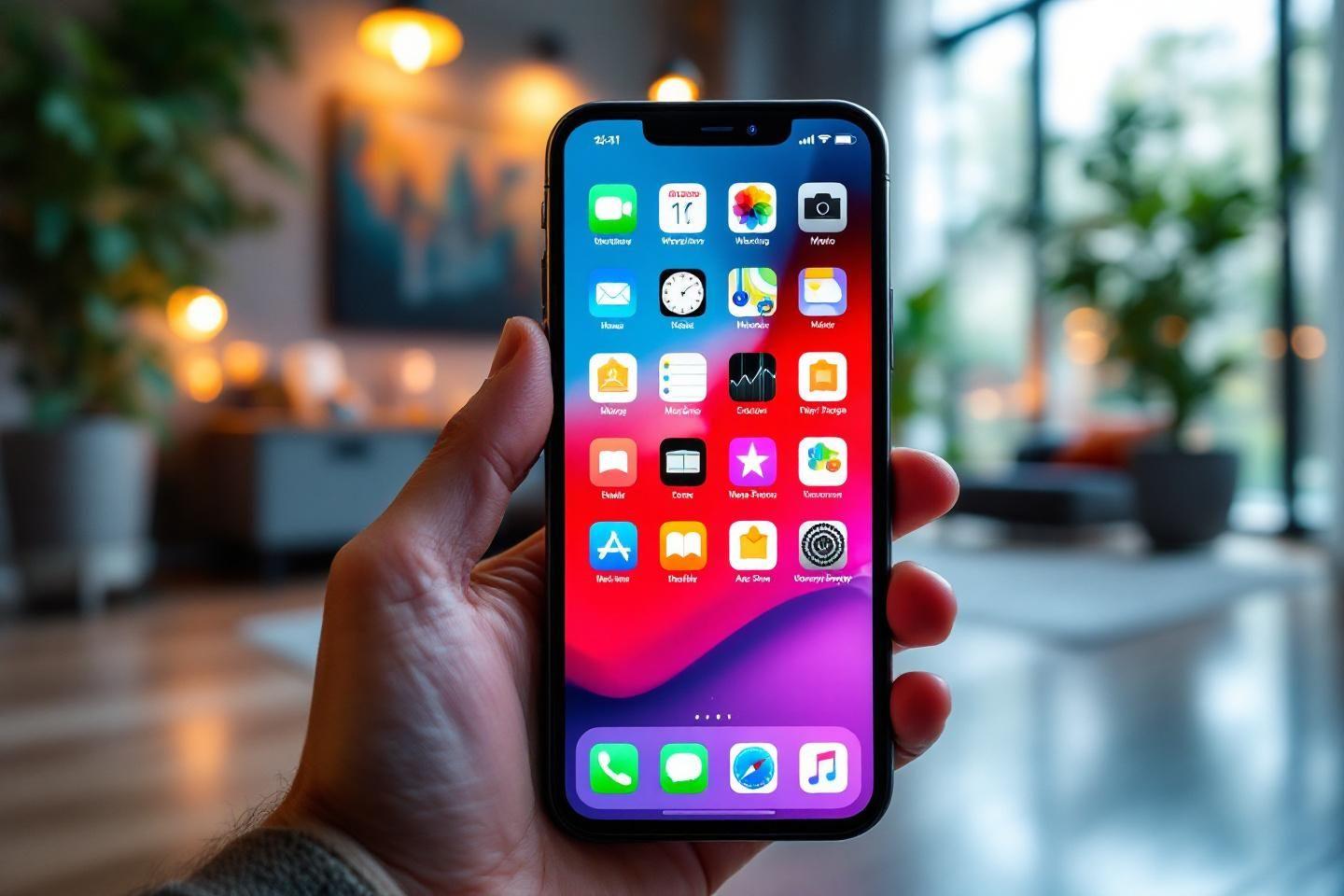 Smartphone Apple tenu dans une main, affichant des applications color&eacute;es