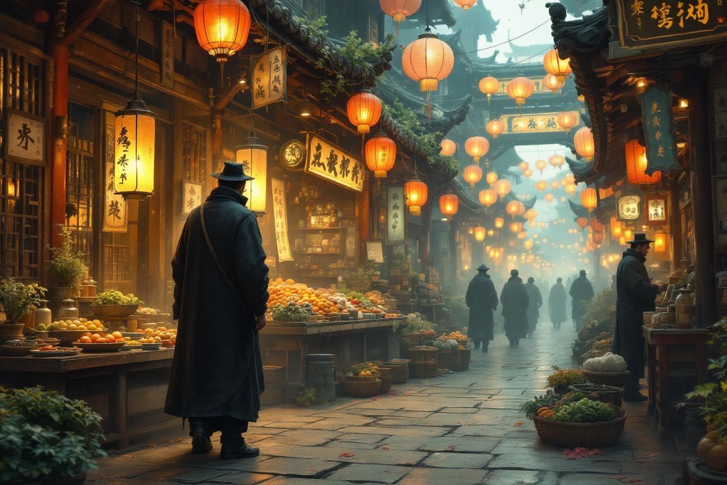 Marché traditionnel brumeux avec lanternes orangées et étals de fruits