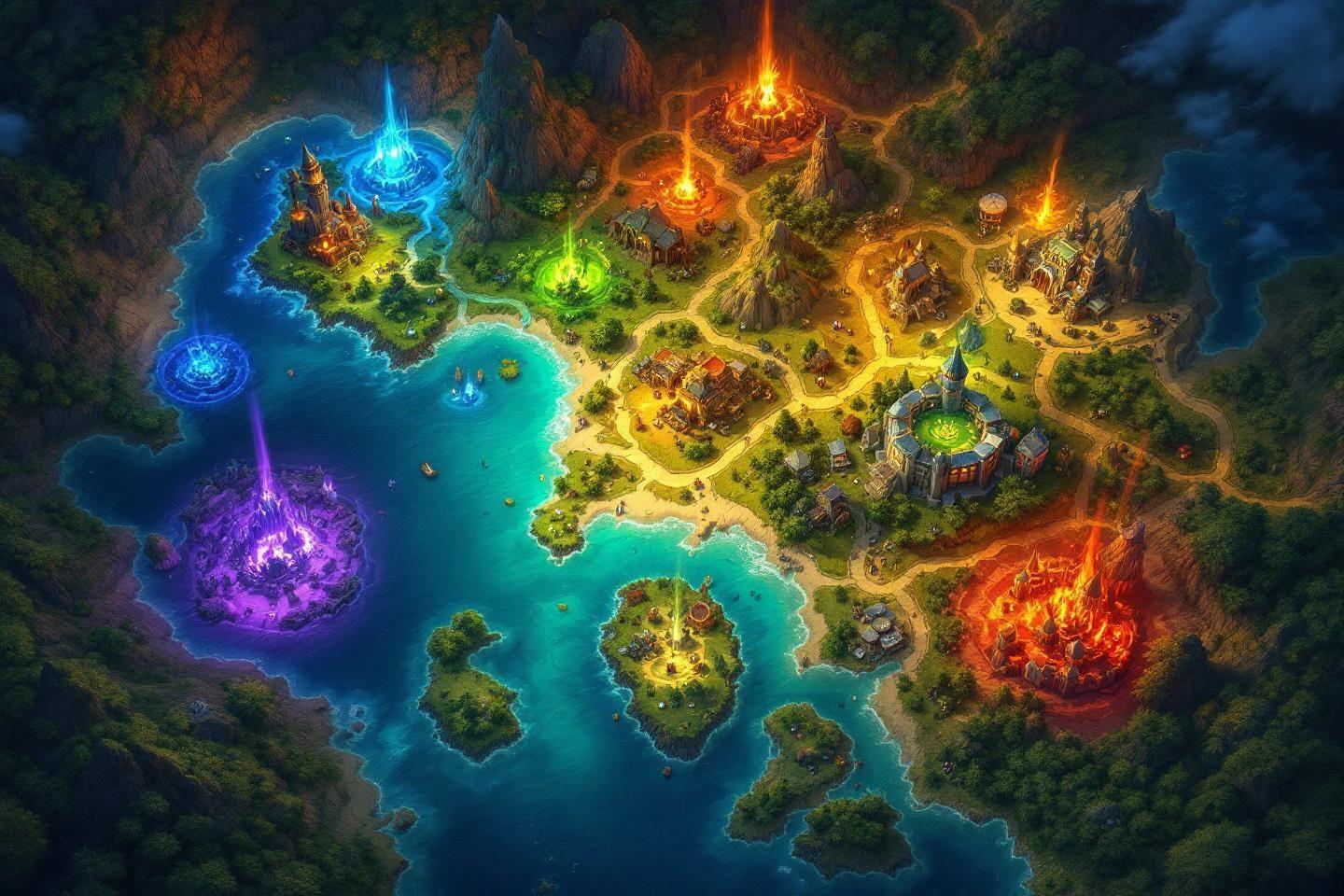 Carte de jeu féerique avec îles et socles lumineux multicolores