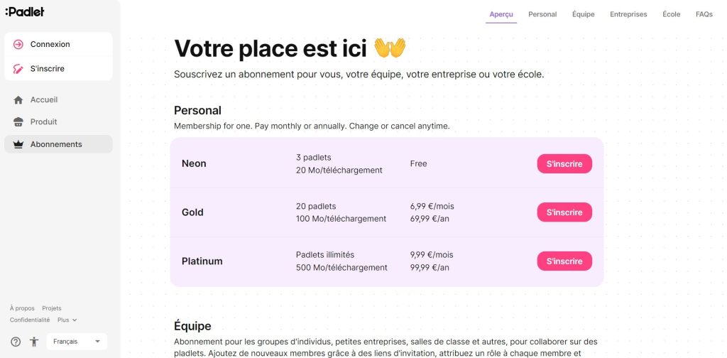 forfaits d'abonnements Padlet
