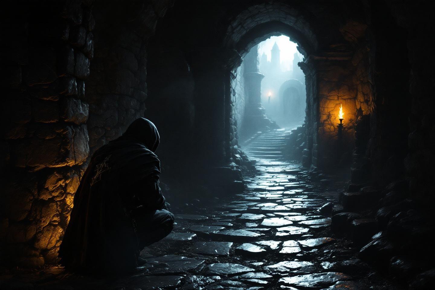 Passage vo&ucirc;t&eacute; sombre avec marches et silhouette encapuchonn&eacute;e