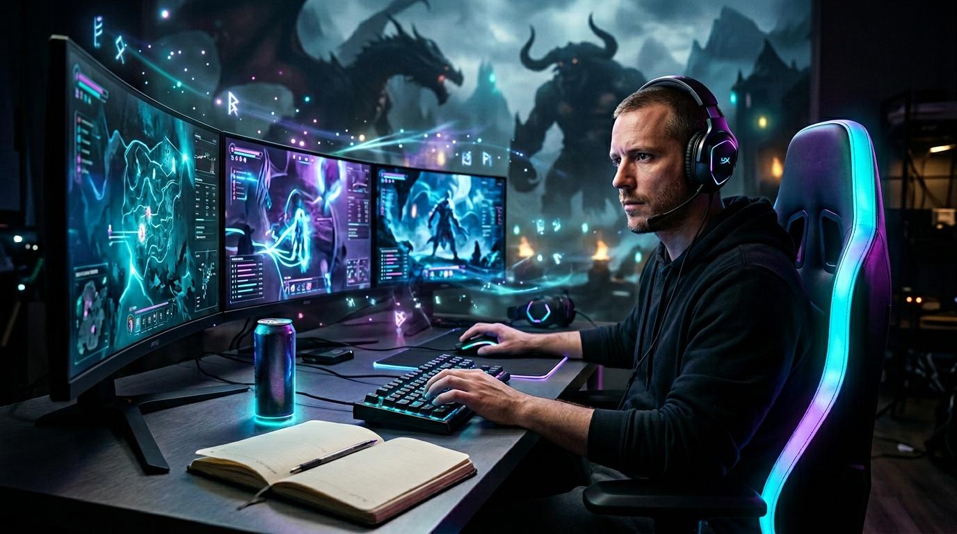 Homme jouant à jeu vidéo fantasy devant écrans luminescents