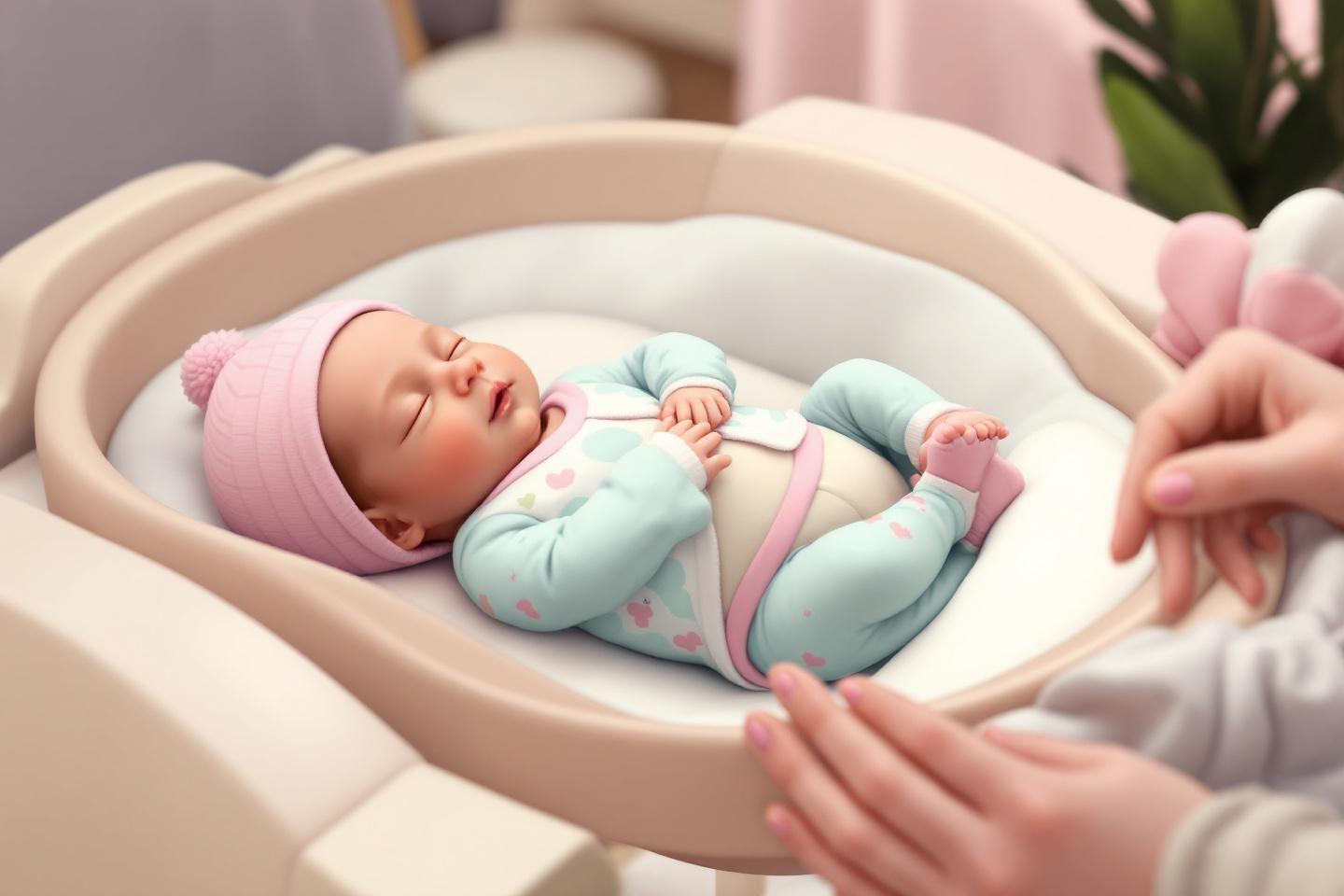 Nouveau-né paisible habillé en bleu et rose, couché doucement