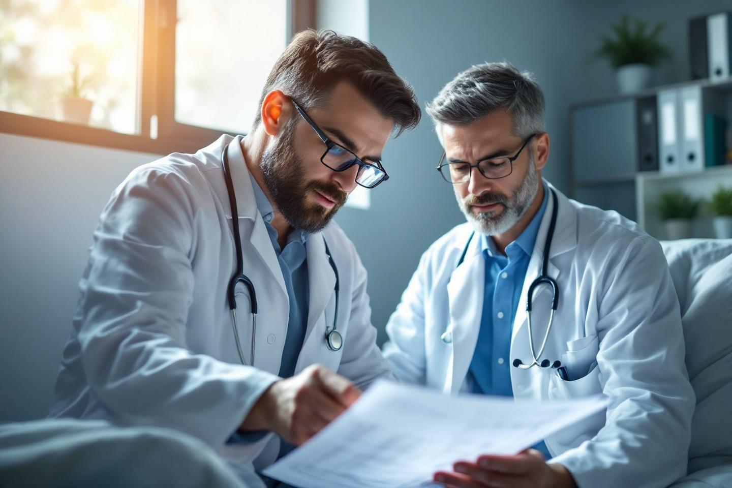 Deux médecins en blouse blanche étudiant des documents ensemble