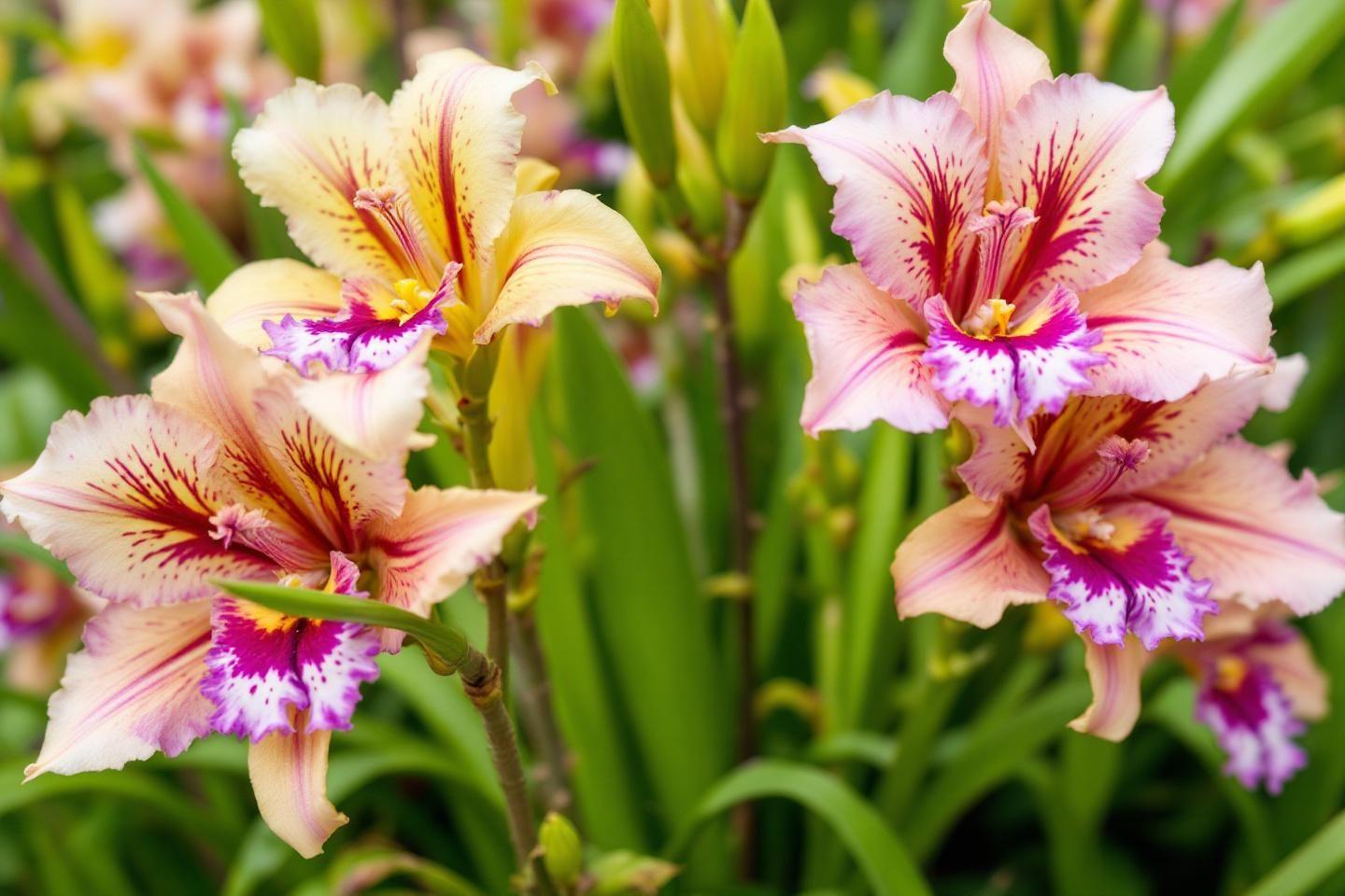 Gros plan sur des orchid&eacute;es aux couleurs douces et motifs complexes