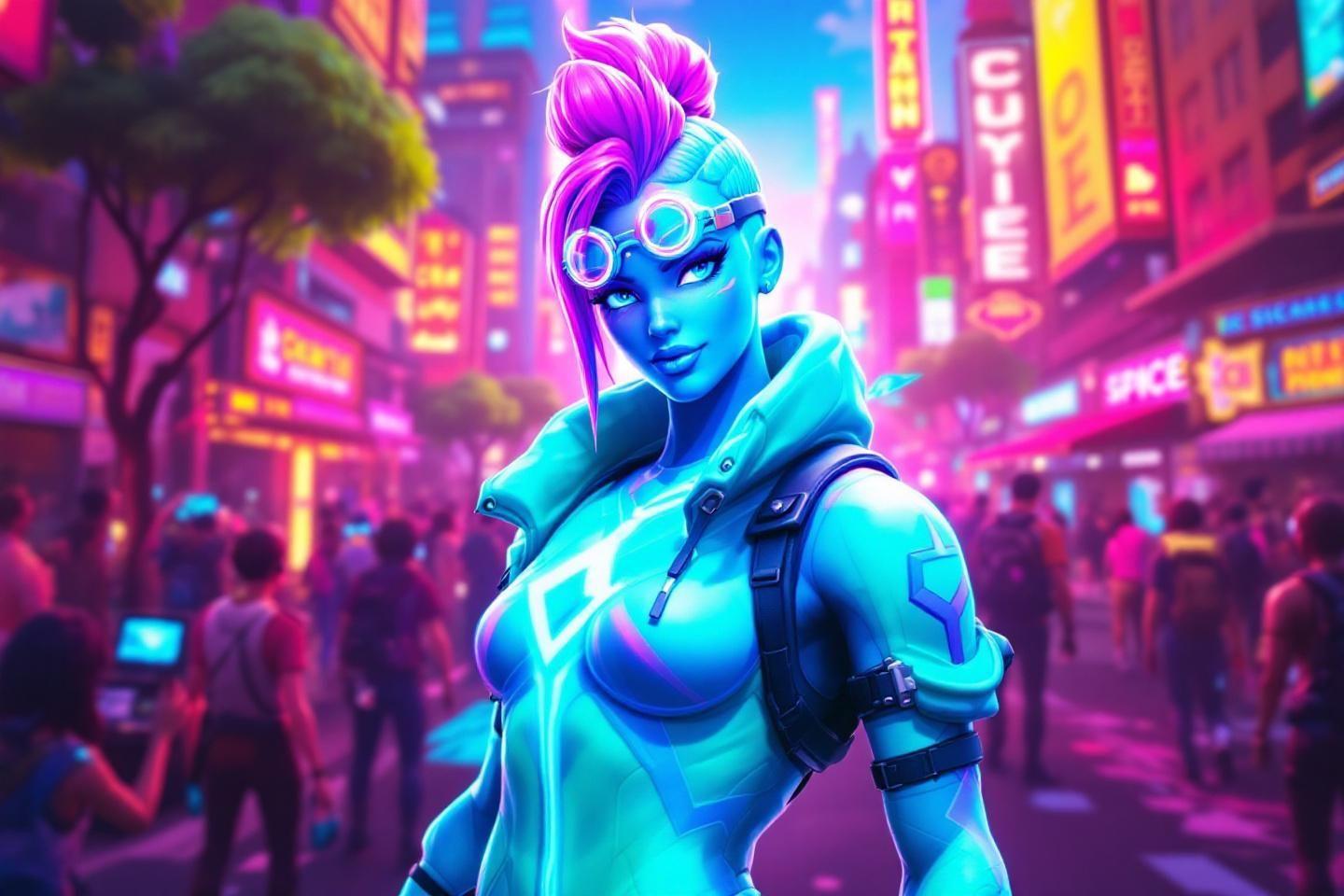 Personnage bleu futuriste avec coiffure rose dans une ville n&eacute;on