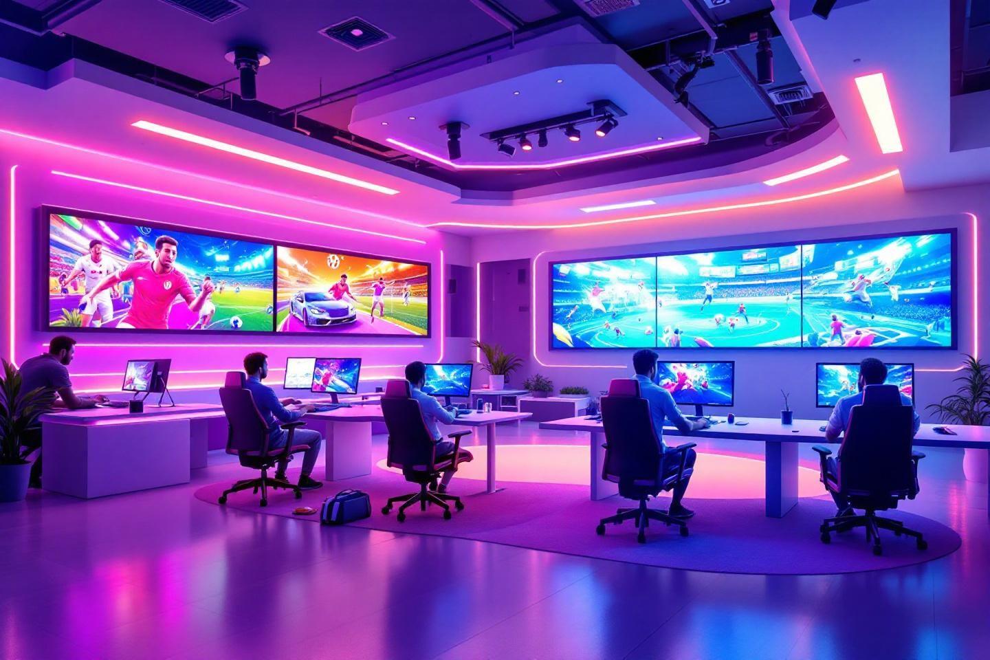 Espace high-tech de gaming avec écrans colorés et néons