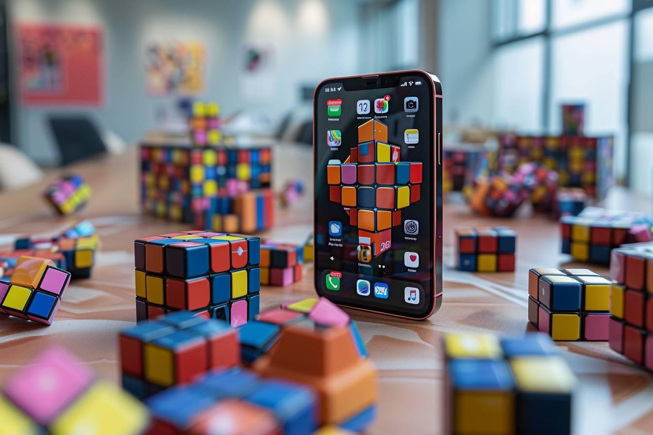 Des cubes de Rubik multicolores et un smartphone affichant une image de réalité augmentée.