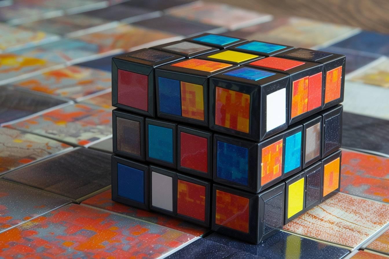 Un cube de Rubik coloré composé de carrés colorés sur une surface peinte.