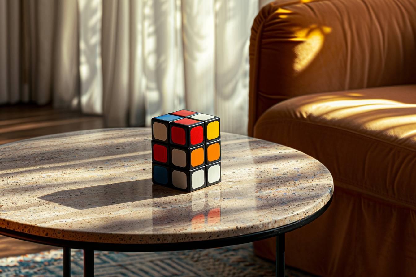 Un cube de Rubik posé sur une table ronde en pierre dans un intérieur.