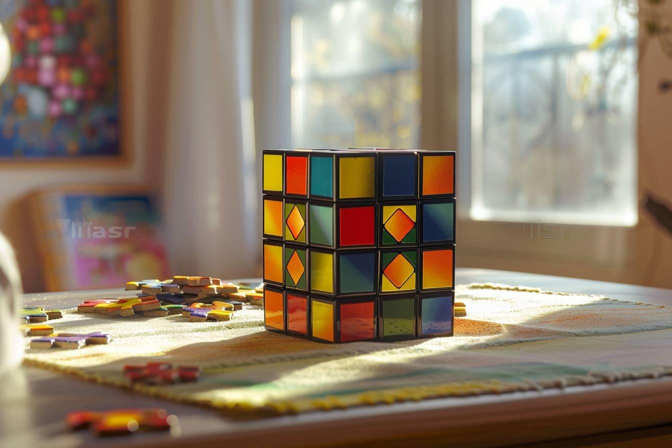 Cube de Rubik multicolore posé sur un sol lumineux