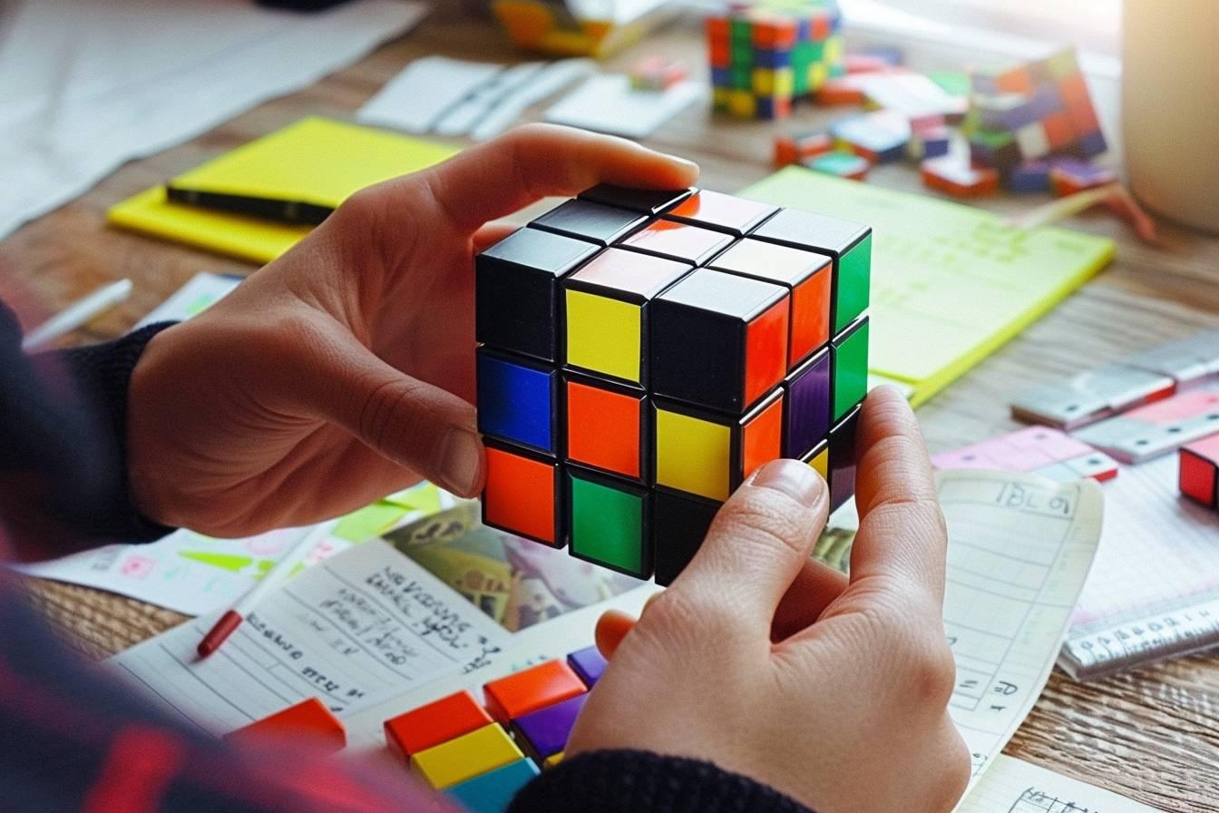 Mains manipulant un cube de Rubik aux couleurs vives sur un bureau