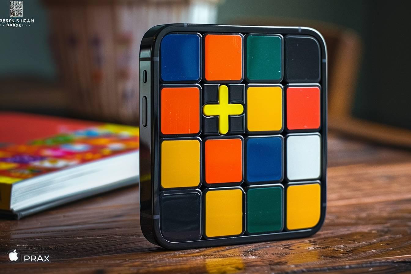 Un cube Rubik multicolore posé sur une table en bois avec un livre en arrière-plan.