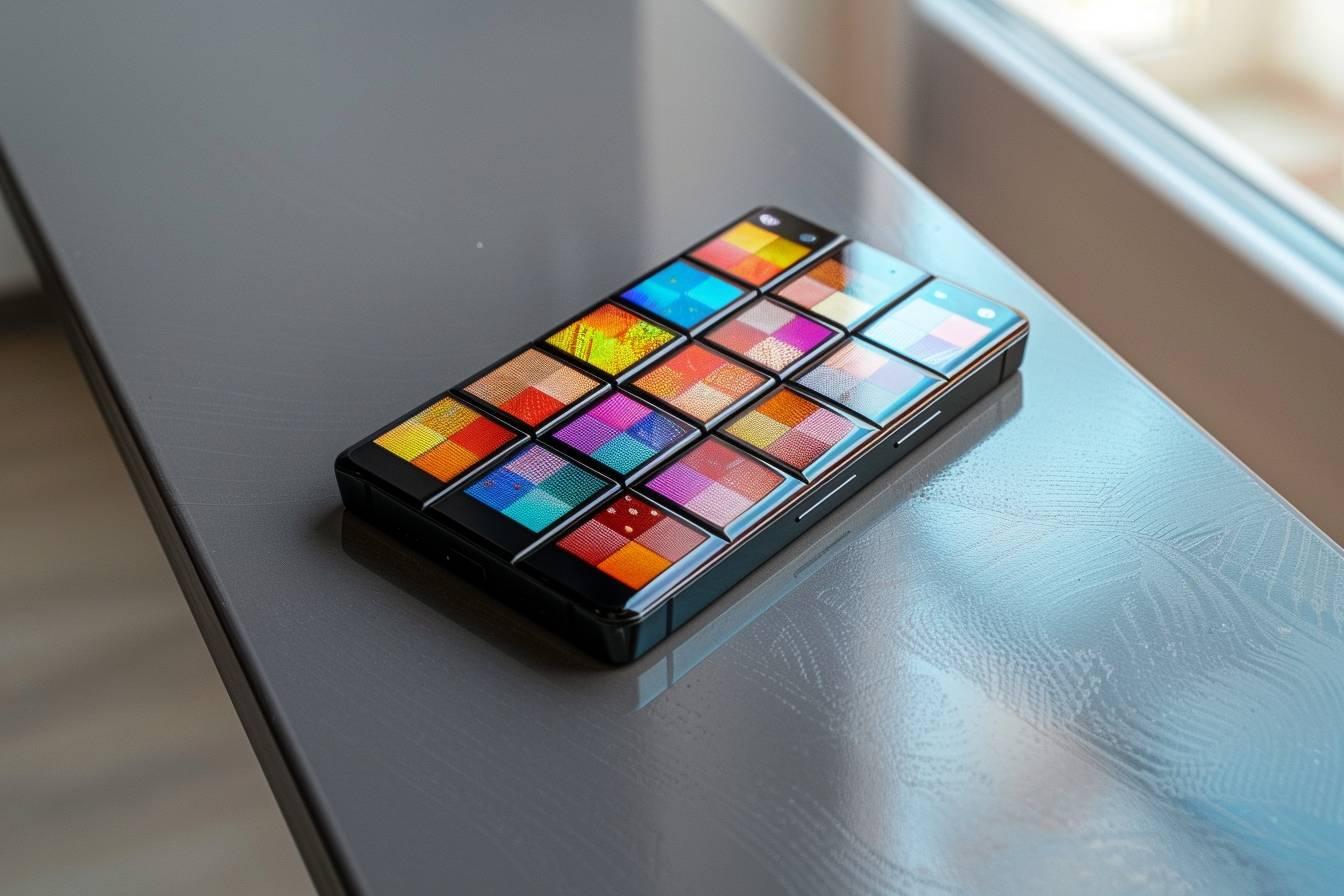 Une palette de maquillage remplie de carrés de couleurs vives et éclatantes.