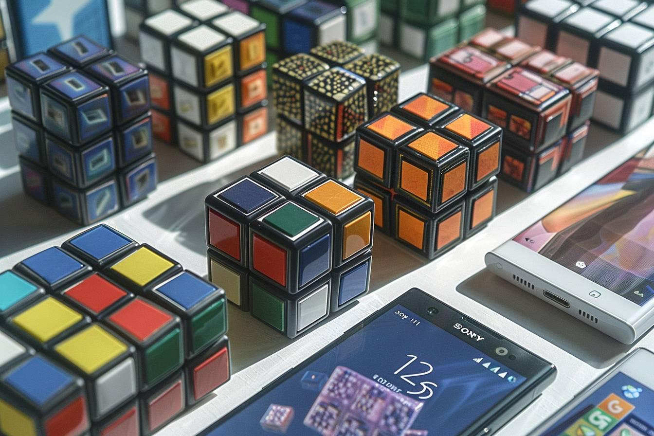 Plusieurs cubes de Rubik's et un téléphone mobile sur un bureau