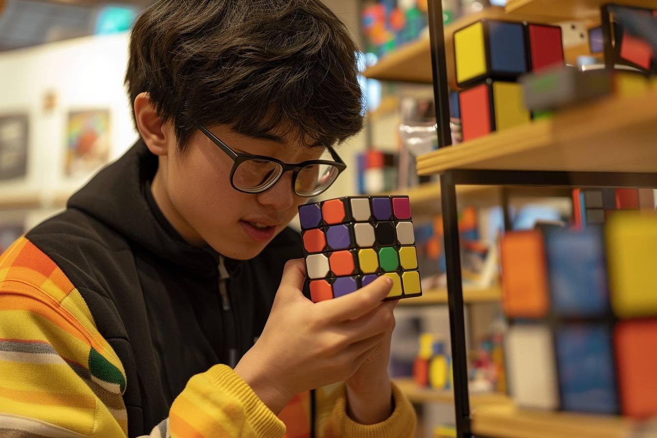 Un jeune enfant portant des lunettes résout un Rubik's cube coloré