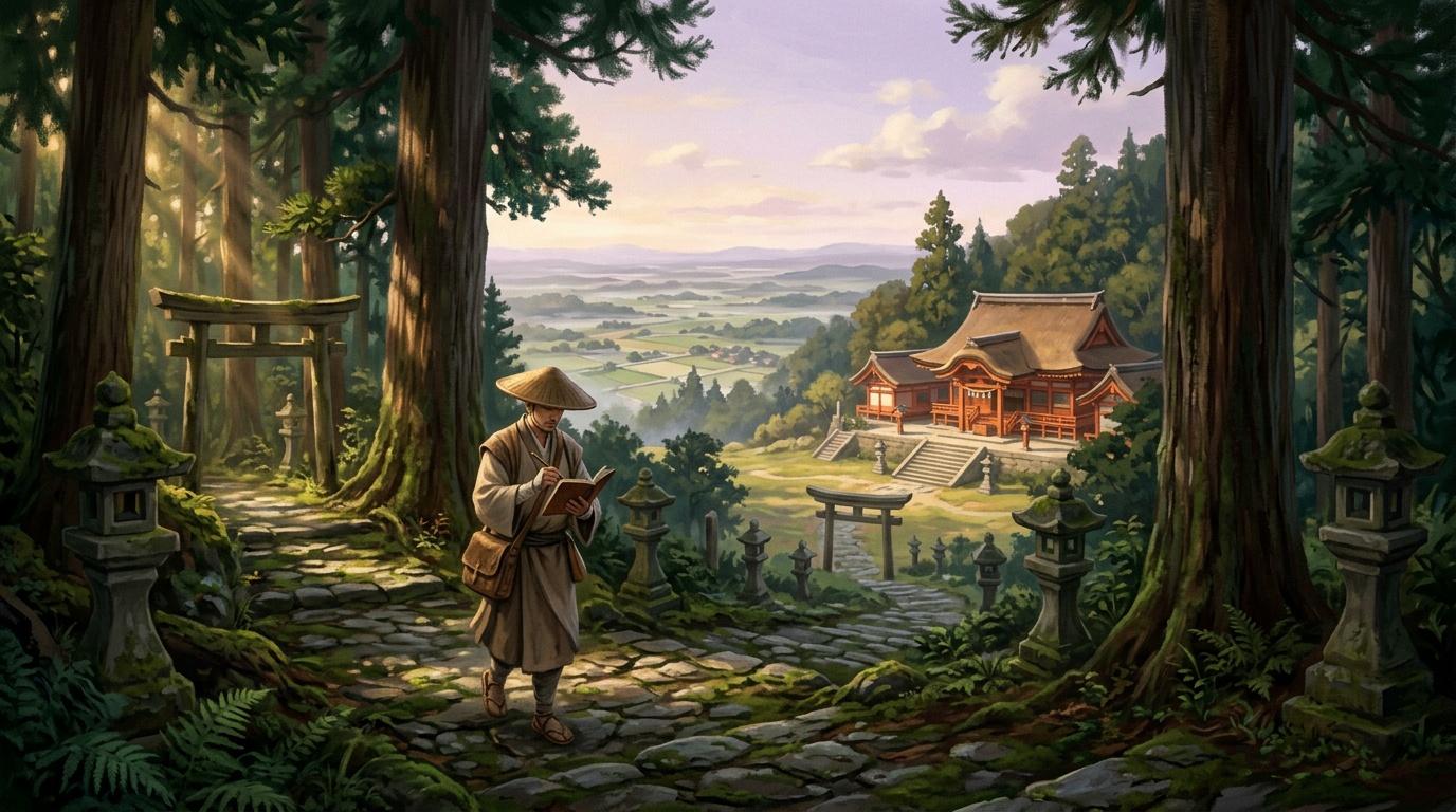 Moine lisant dans une forêt avec temple japonais au loin
