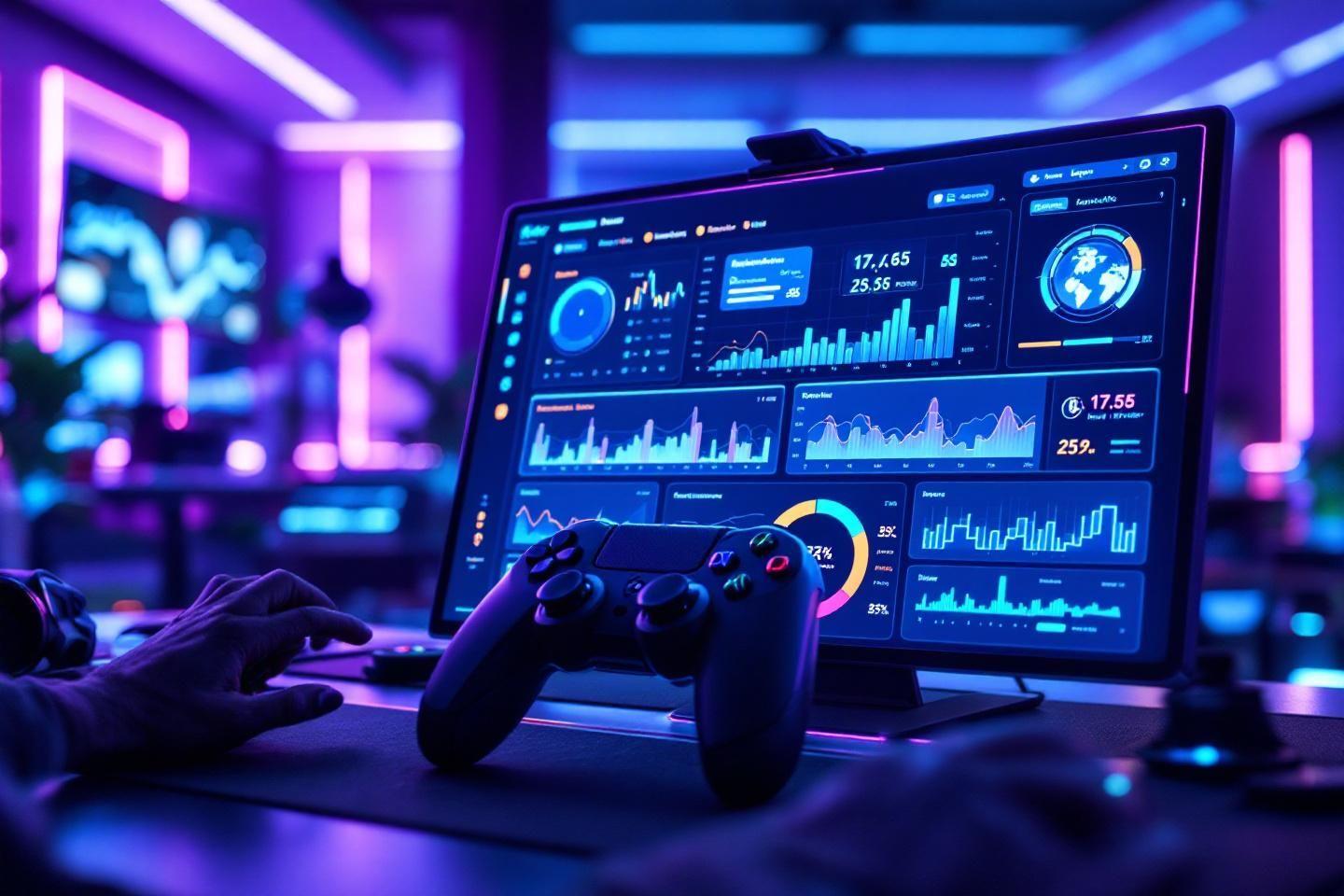 Écran de contrôle avec graphiques et manette dans ambiance néon