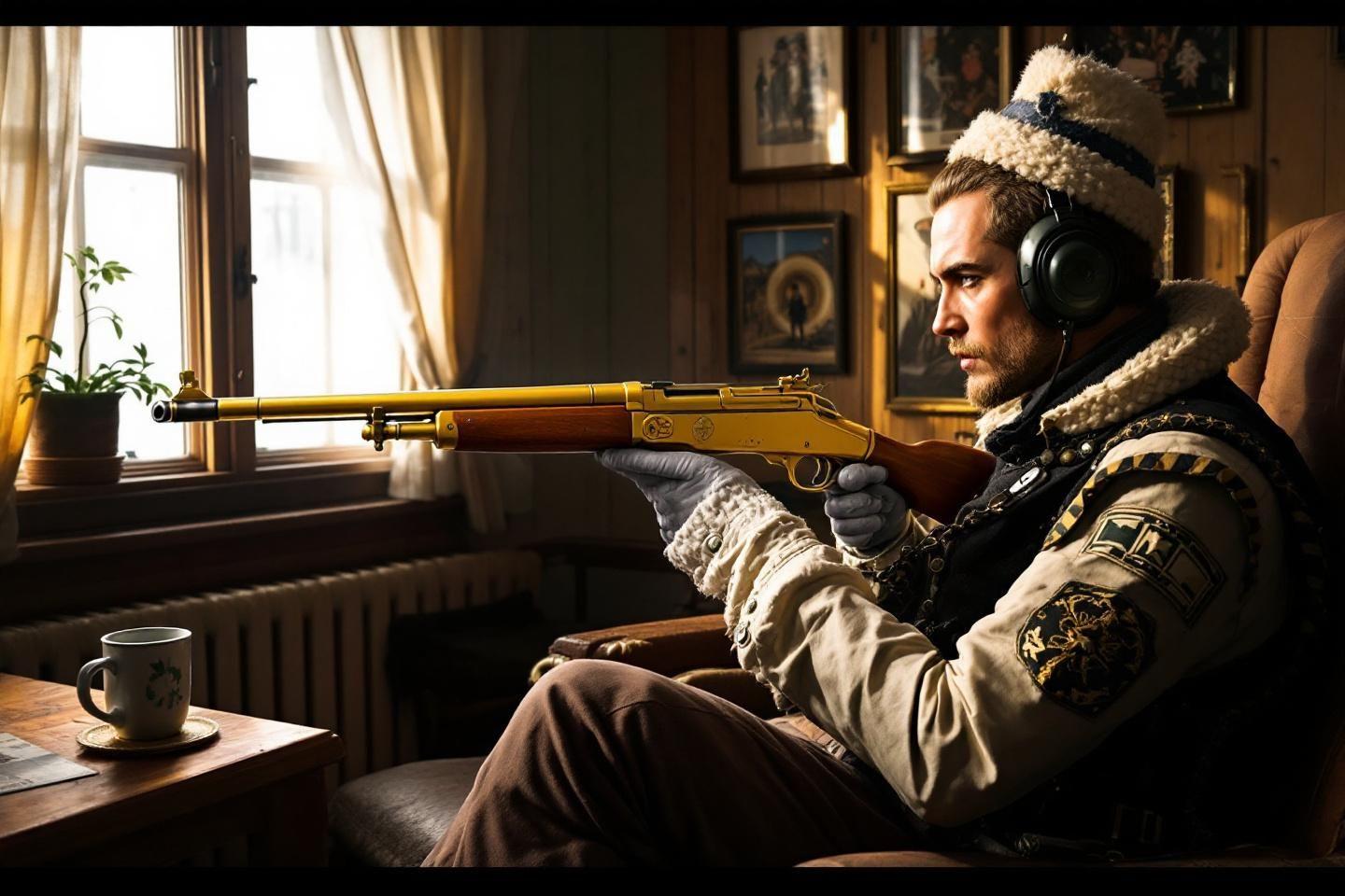 Homme en tenue d'hiver visant avec un fusil près d'une fenêtre
