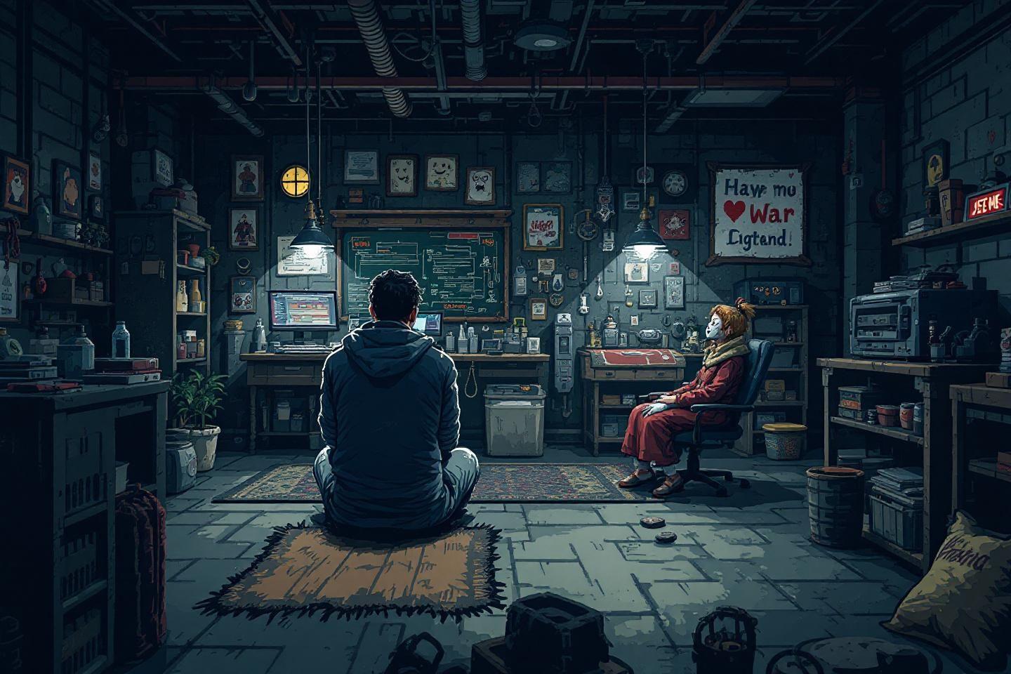 Deux personnages dans un intérieur sombre et industriel