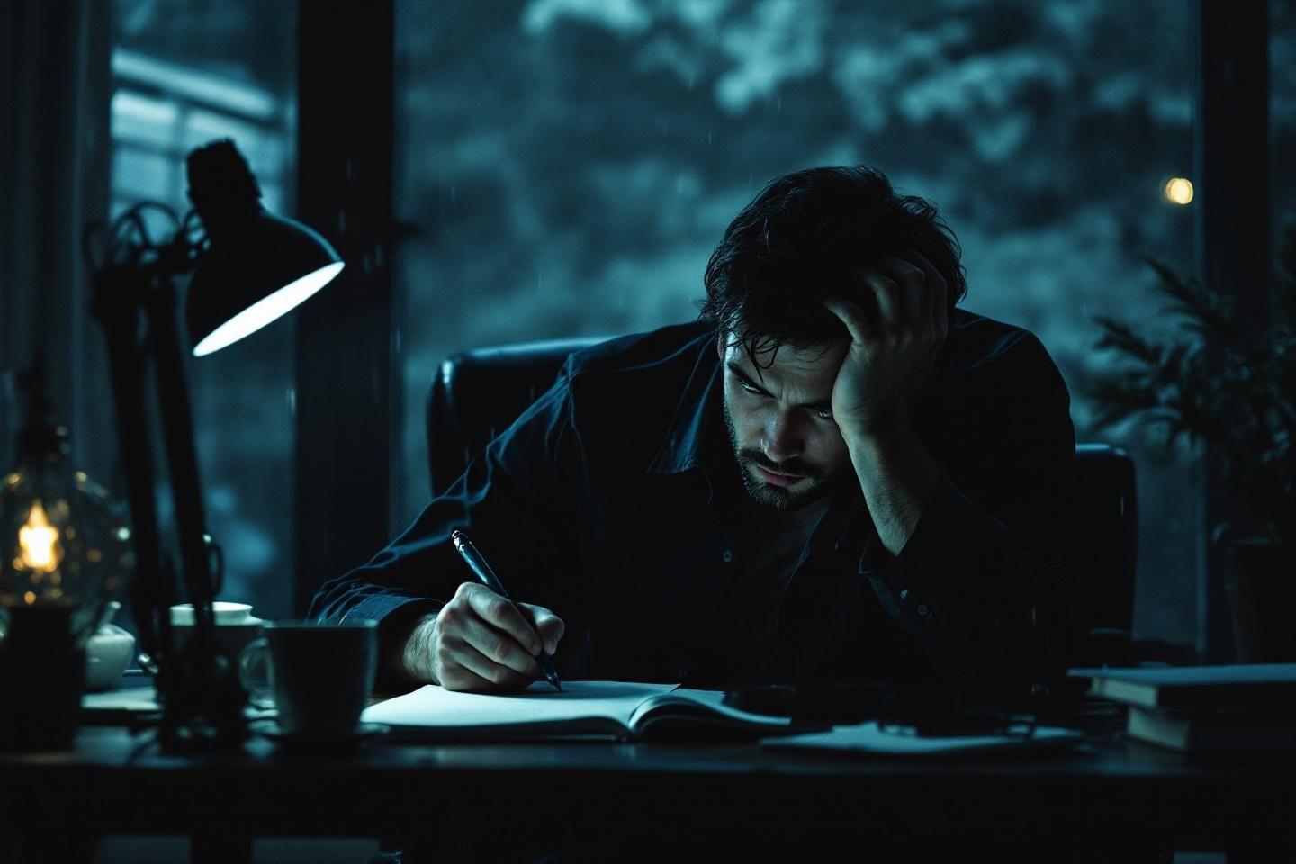 Homme concentr&eacute; &eacute;crivant tard la nuit