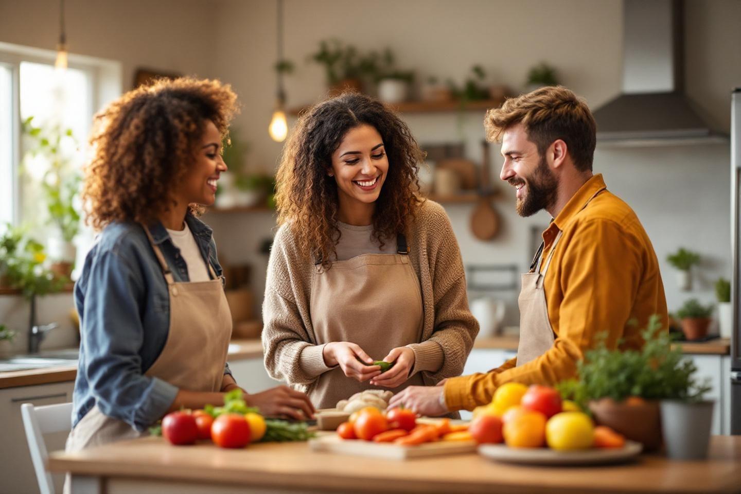Trois personnes souriantes préparant un repas dans une cuisine lumineuse
