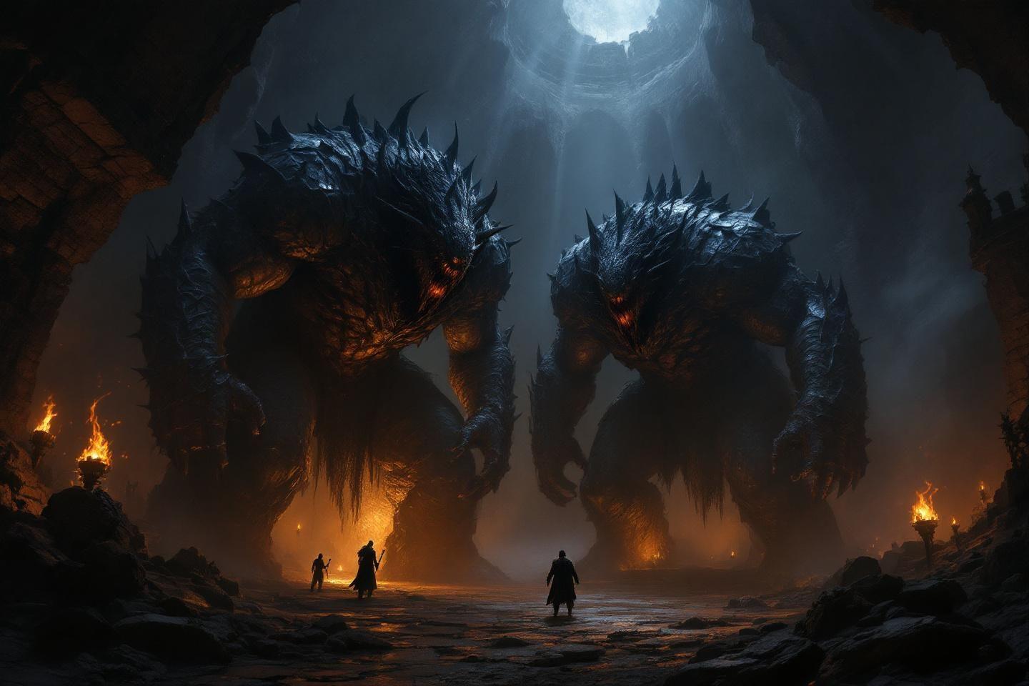 Titans sombres face à petites silhouettes dans une caverne ardente