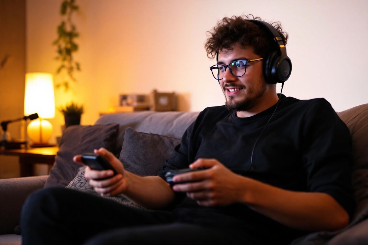 Homme à lunettes jouant aux jeux vidéo sur canapé confortable