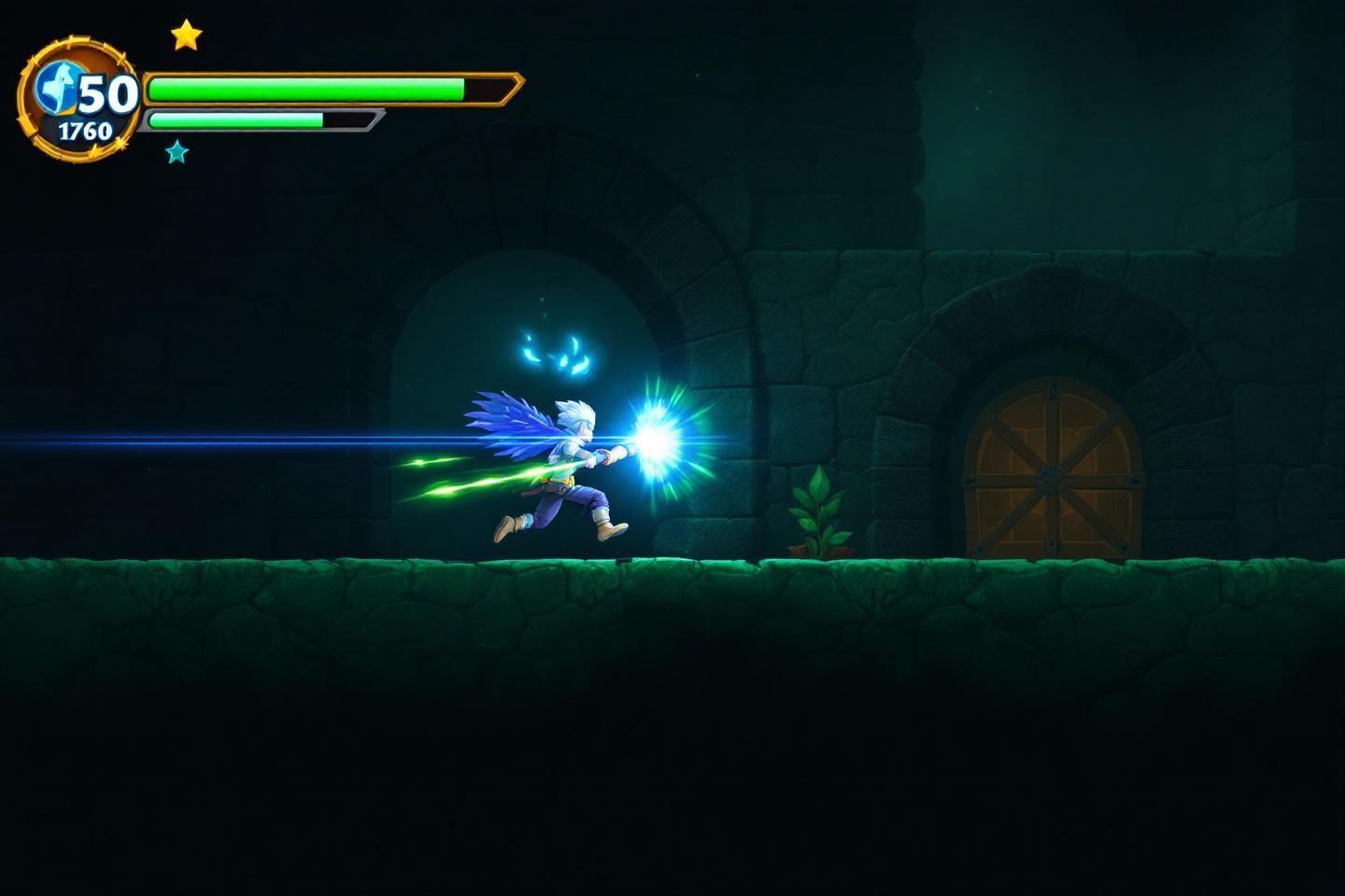Personnage bleu lançant un projectile magique lumineux dans un donjon