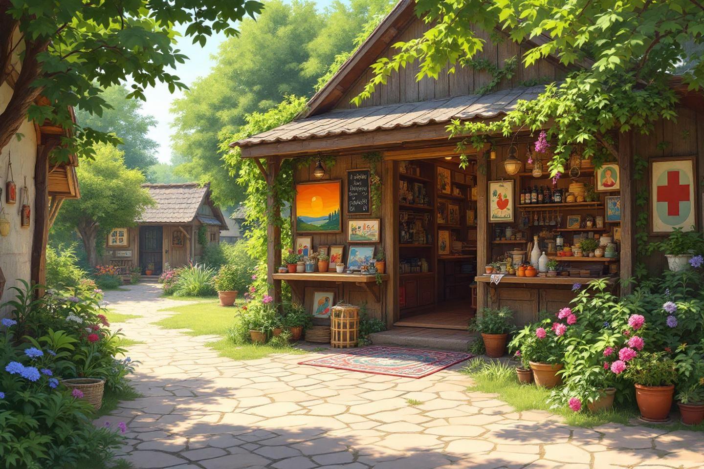 Boutique en bois entourée de fleurs et de verdure lumineuses