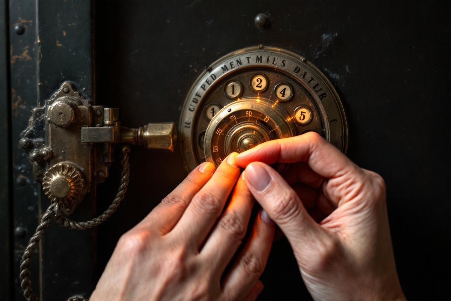 Mains tournant le cadran d'un coffre-fort vintage