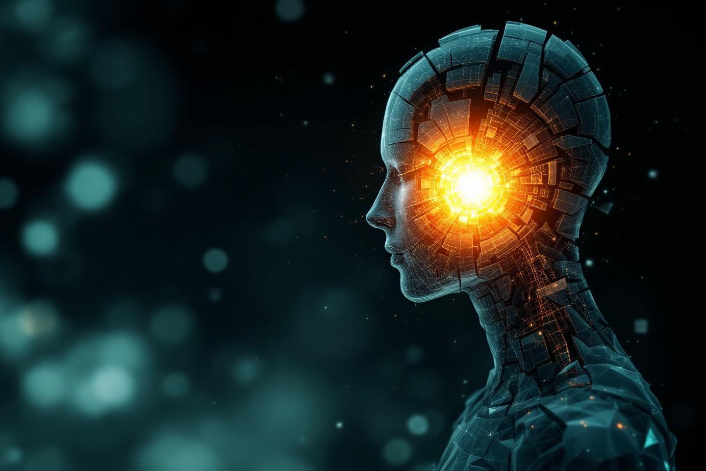 Profil cybernétique avec cerveau numérique brillant