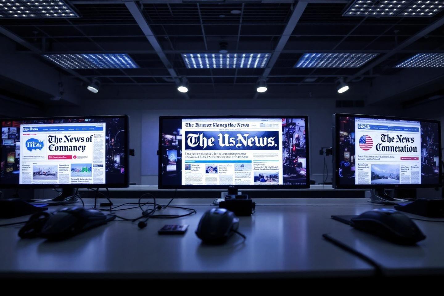 Écrans de news avec logos de journaux américains dans un environnement sombre