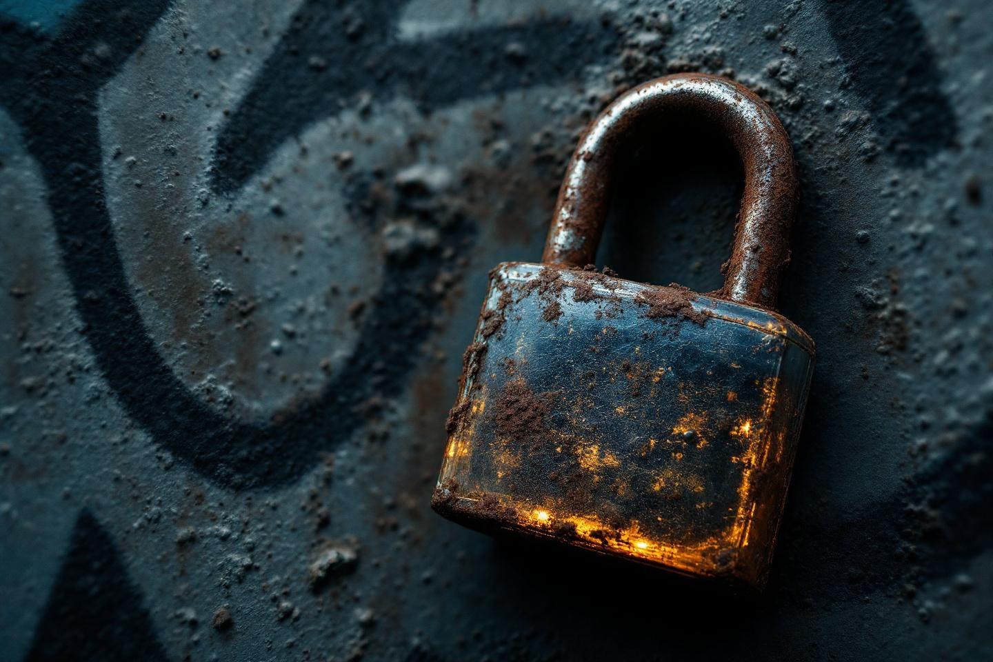 Un vieux cadenas corrodé sur une surface texturée sombre