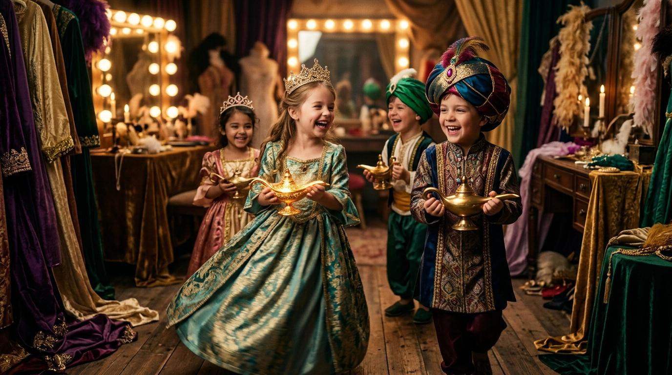 Enfants vêtus de costumes royaux richement décorés tenant des lampes magiques dorées